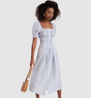SLEEPER Marquise 100% Linen Midi Dress Gingham Lace Up Puff Sleeve Cottagecore